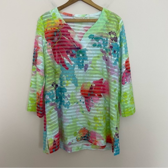 Soft Surroundings Green Floral Burnout Striped V-Neck Tunic Top Size Large - Picture 1 of 4